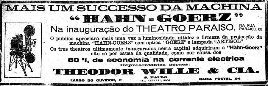Teatro Paraiso, anúncio do projetor, 1924